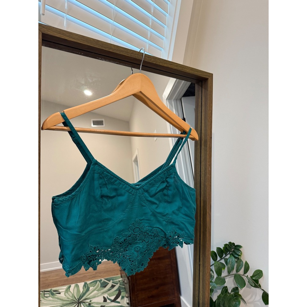 Free People Teal Smocked Lace Trim Cropped Cami Top Women's Size M Beach Boho